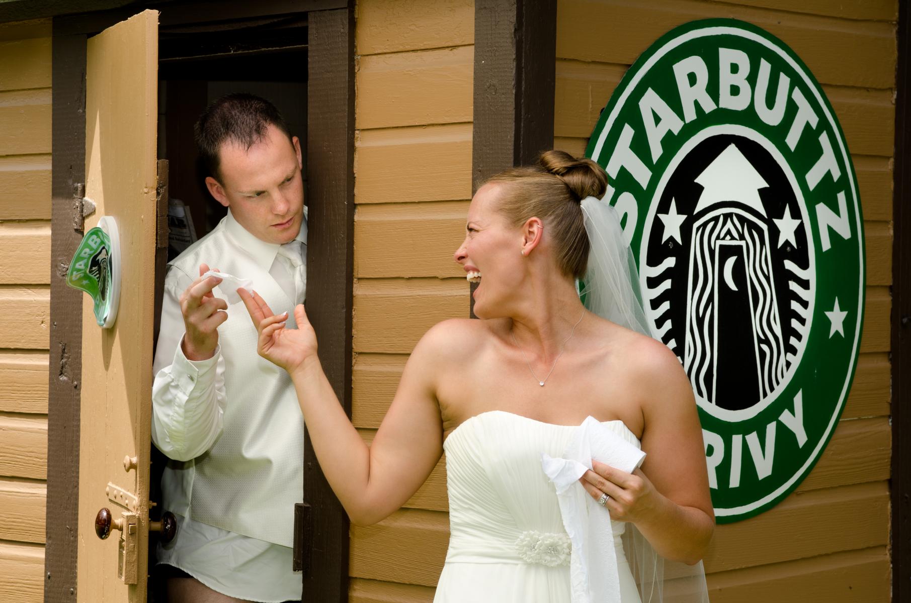 At the Starbuttz Privy, Elk Falls, Kansas, a pretty bride playfully teases her sweetheart, illustrated by Douglas M. Robertson, Master Photographer, Wichita, KS